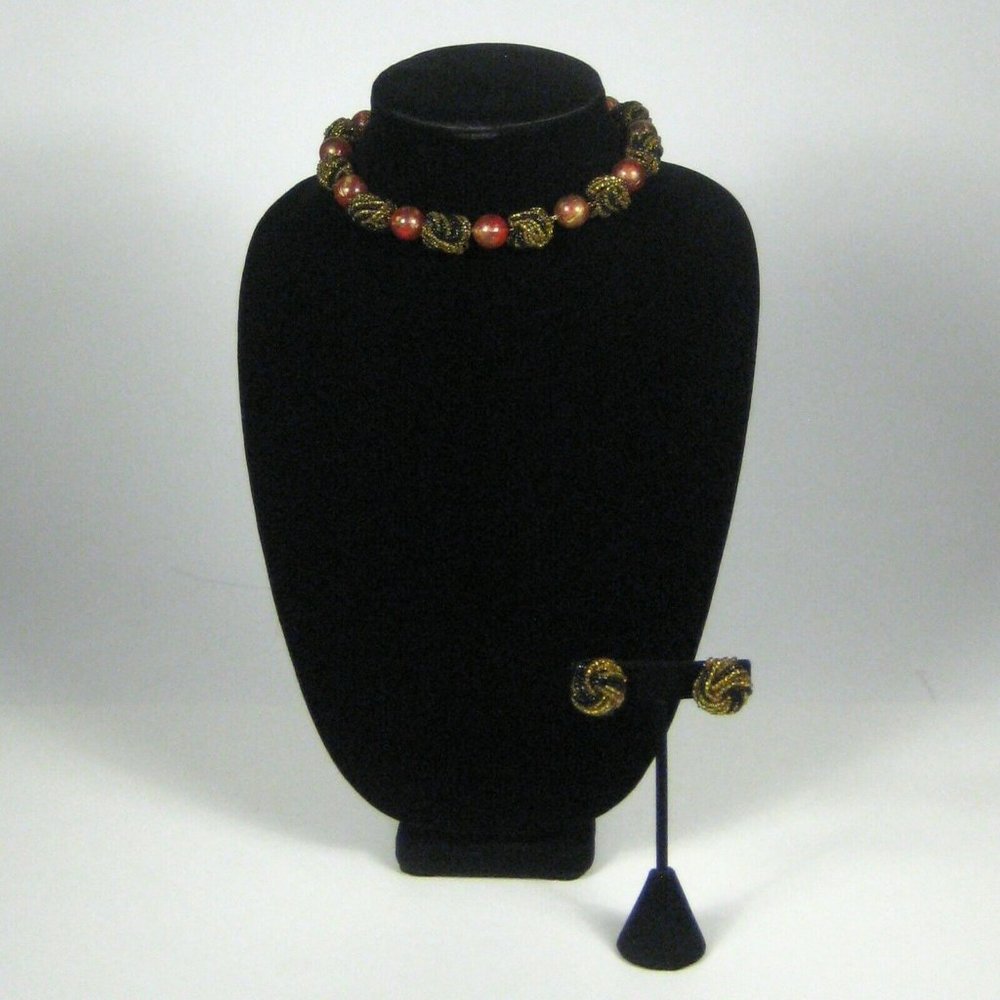 Kramer Signed Set 3 Necklace Clip On Earrings 15 In VTG 60s 50s Beaded Goldtone